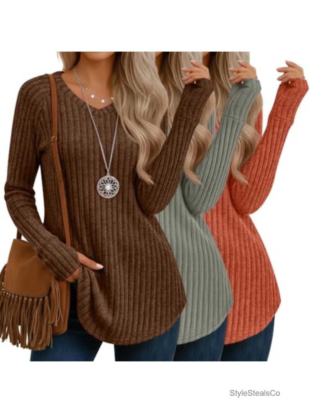 Ribbed V-Neck Long Sleeve Pullover Sweater 3-Pack, Polyester Rayon Spandex